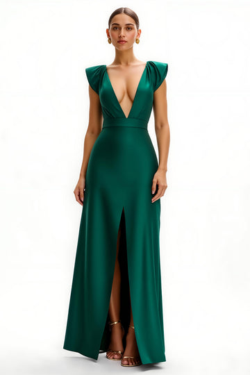 V-Neck Sheath Satin Dark Green Holiday Dress With Slit